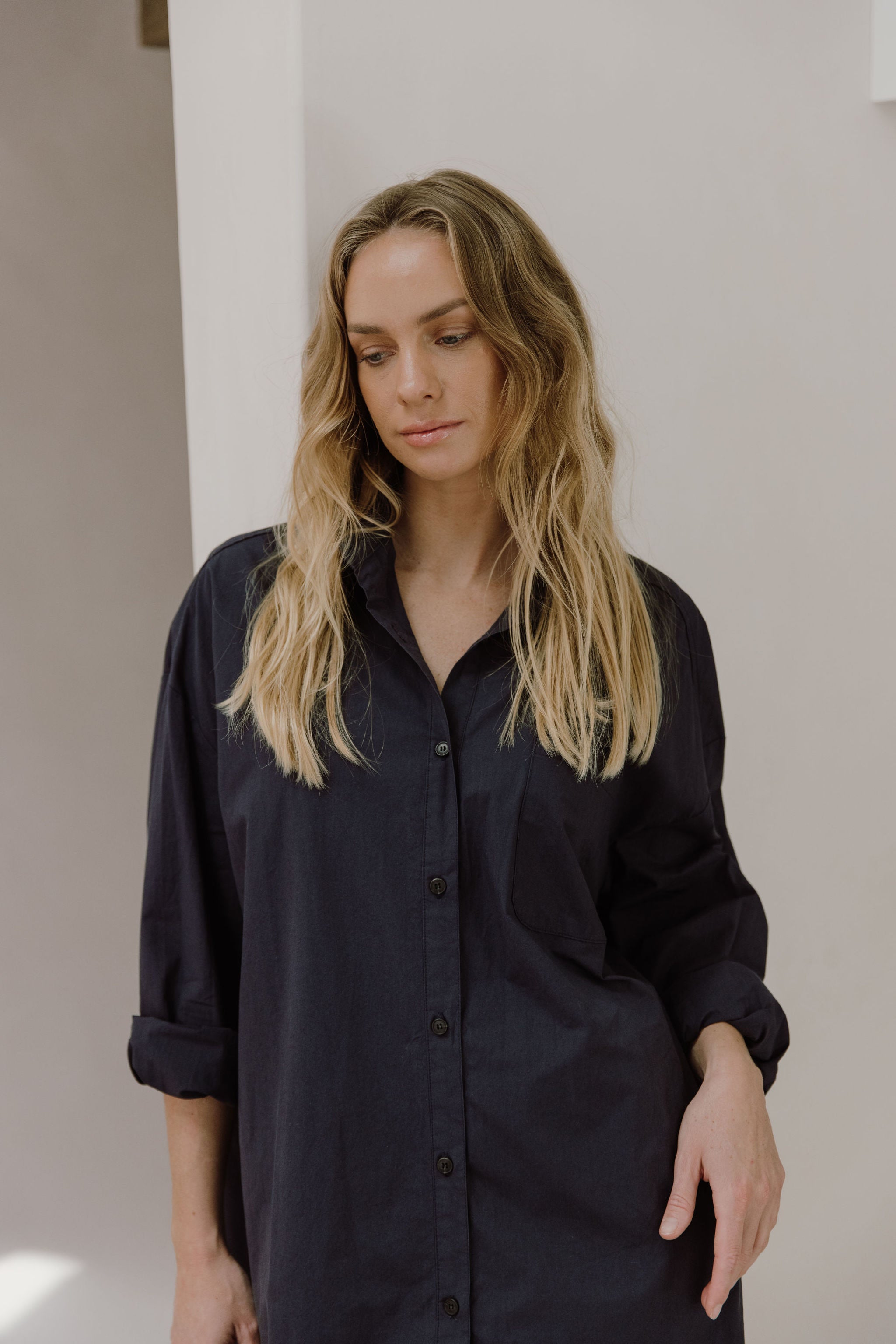 Navy long best sale sleeve shirt dress